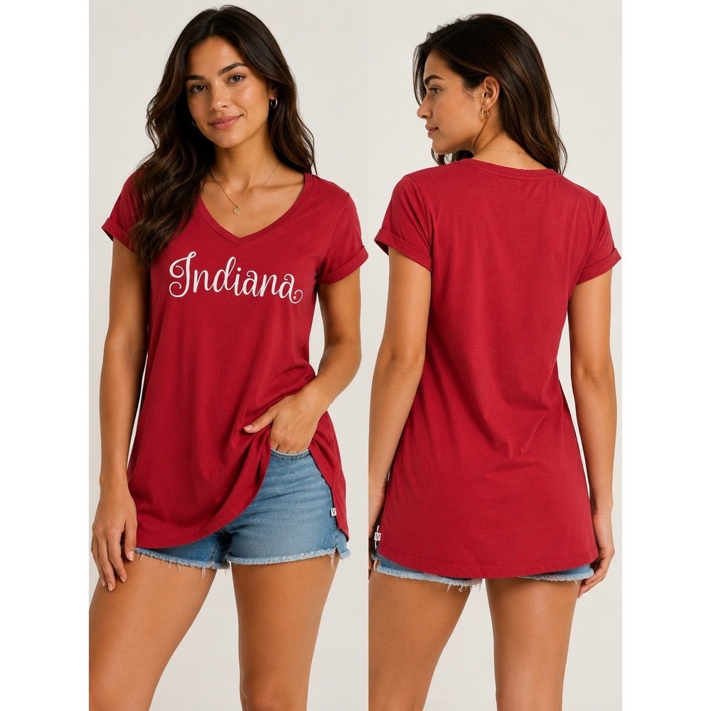 Venley‎ Indiana Shirt Womens Medium Red V Neck Short Sleeve Graphic Tee Top